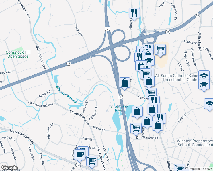 map of restaurants, bars, coffee shops, grocery stores, and more near 63 Perry Avenue in Norwalk