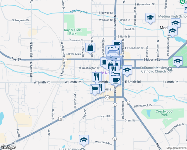 map of restaurants, bars, coffee shops, grocery stores, and more near 216 West Washington Street in Medina