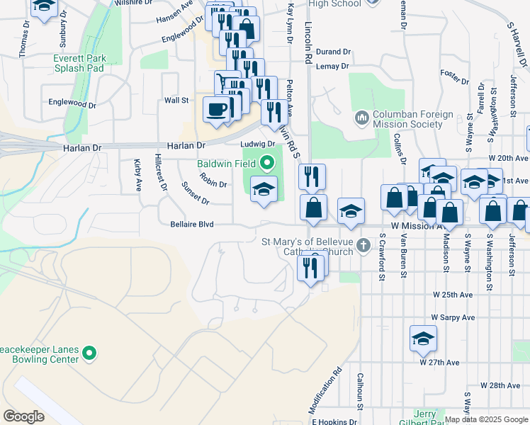 map of restaurants, bars, coffee shops, grocery stores, and more near 1200 West Mission Avenue in Bellevue