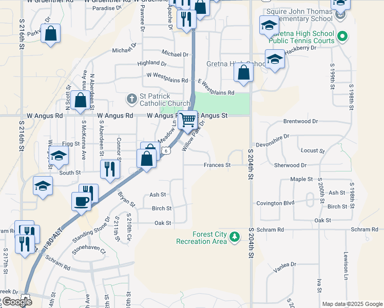 map of restaurants, bars, coffee shops, grocery stores, and more near 20718 Locust Street in Gretna