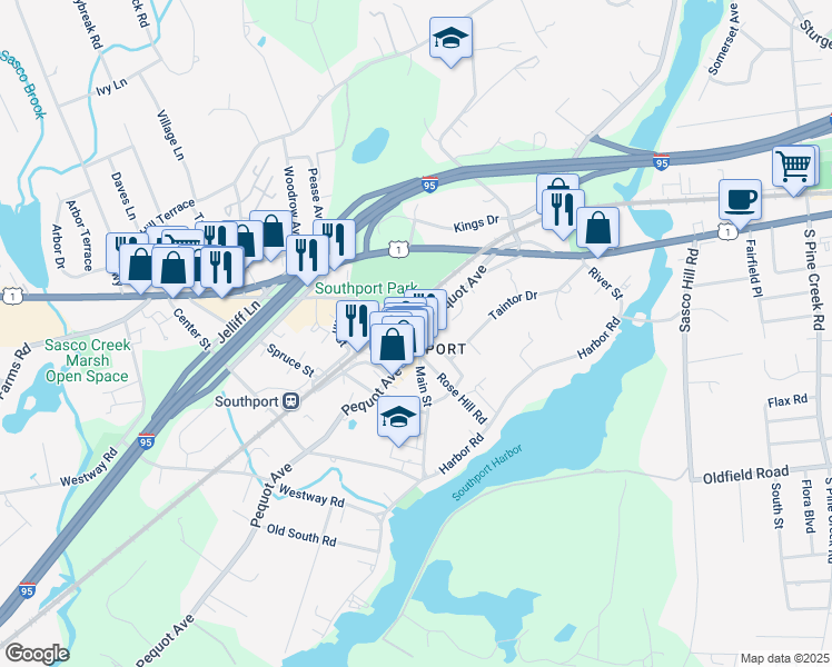map of restaurants, bars, coffee shops, grocery stores, and more near 292 Pequot Avenue in Fairfield