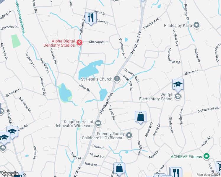 map of restaurants, bars, coffee shops, grocery stores, and more near 197 Newtown Avenue in Norwalk