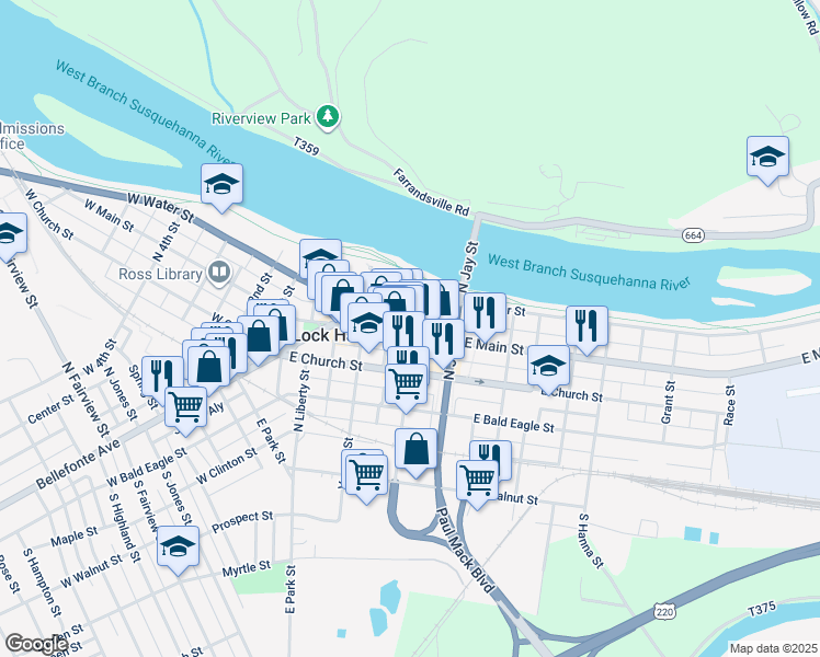 map of restaurants, bars, coffee shops, grocery stores, and more near 142 East Water Street in Lock Haven
