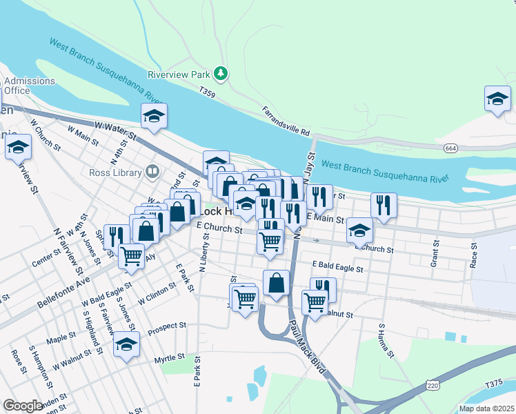 map of restaurants, bars, coffee shops, grocery stores, and more near 121 East Main Street in Lock Haven