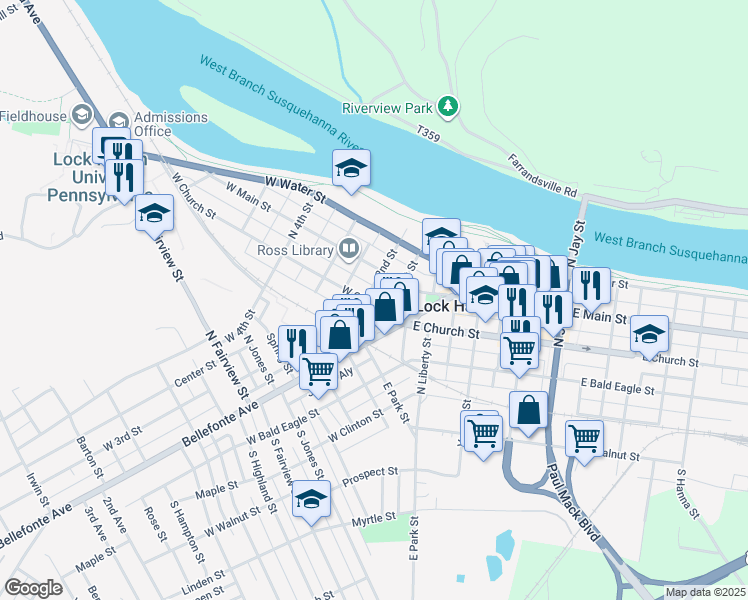 map of restaurants, bars, coffee shops, grocery stores, and more near 205 West Church Street in Lock Haven