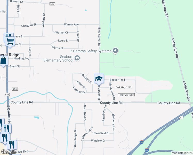 map of restaurants, bars, coffee shops, grocery stores, and more near 3872 Niles Carver Road in Mineral Ridge