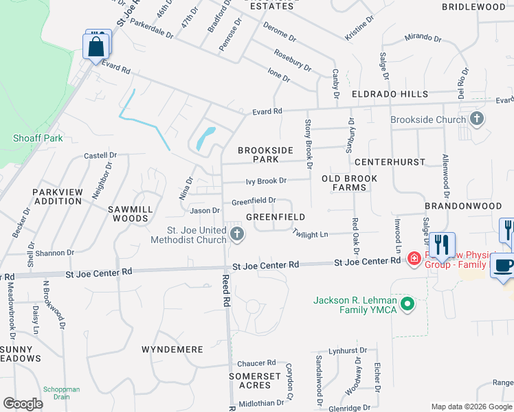 map of restaurants, bars, coffee shops, grocery stores, and more near 4837 Greenfield Dr in Fort Wayne