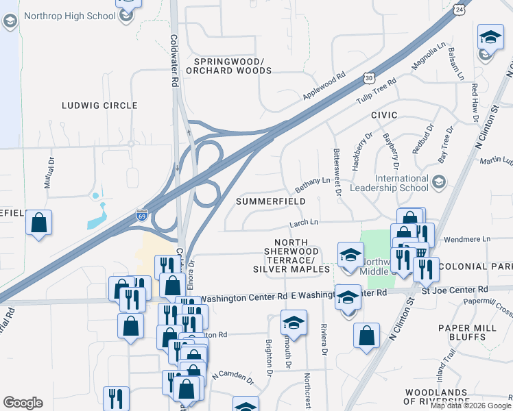 map of restaurants, bars, coffee shops, grocery stores, and more near 6512 High Point Run in Fort Wayne
