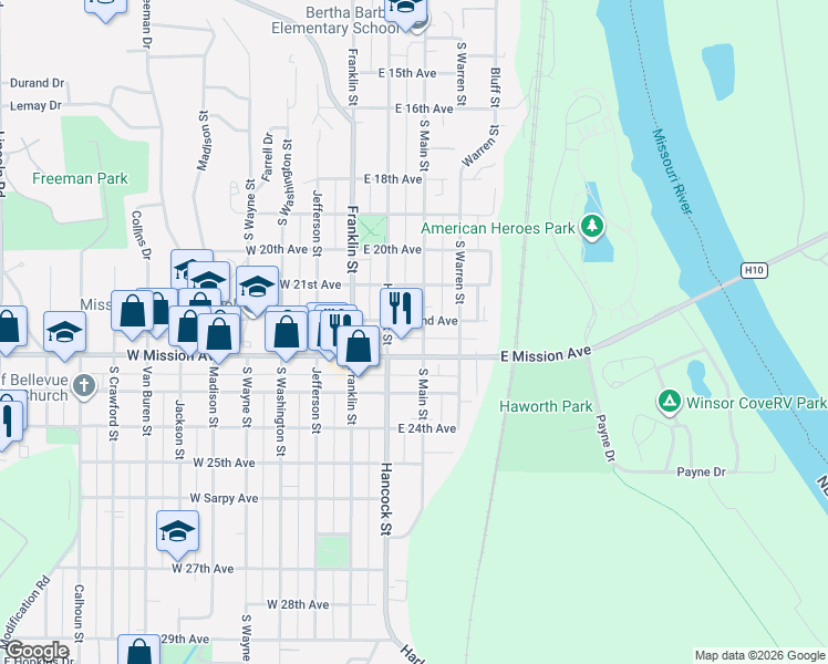 map of restaurants, bars, coffee shops, grocery stores, and more near 2111 Hancock Street in Bellevue