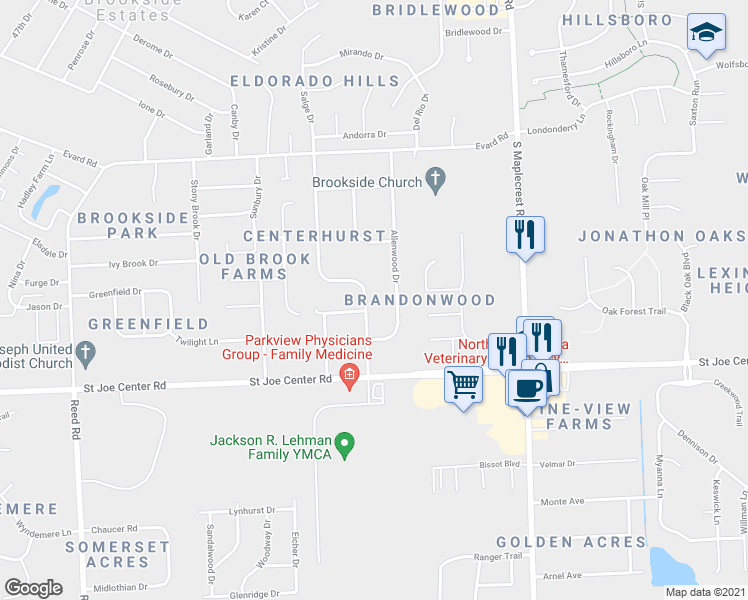 map of restaurants, bars, coffee shops, grocery stores, and more near 6108 Salge Drive in Fort Wayne