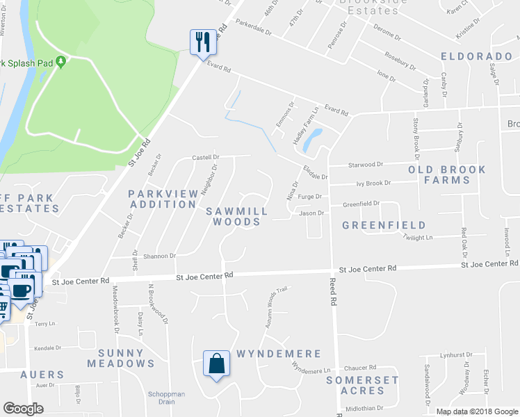 map of restaurants, bars, coffee shops, grocery stores, and more near 6209 Crofton Drive in Fort Wayne