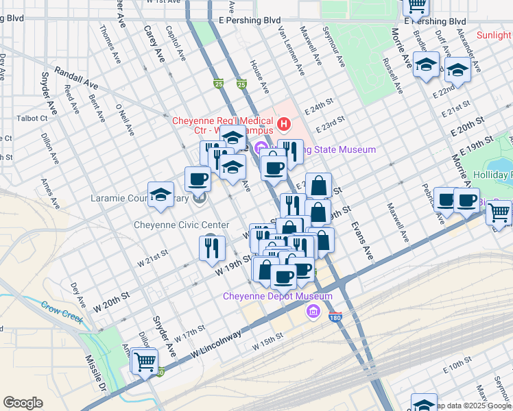 map of restaurants, bars, coffee shops, grocery stores, and more near 2107 Capitol Avenue in Cheyenne
