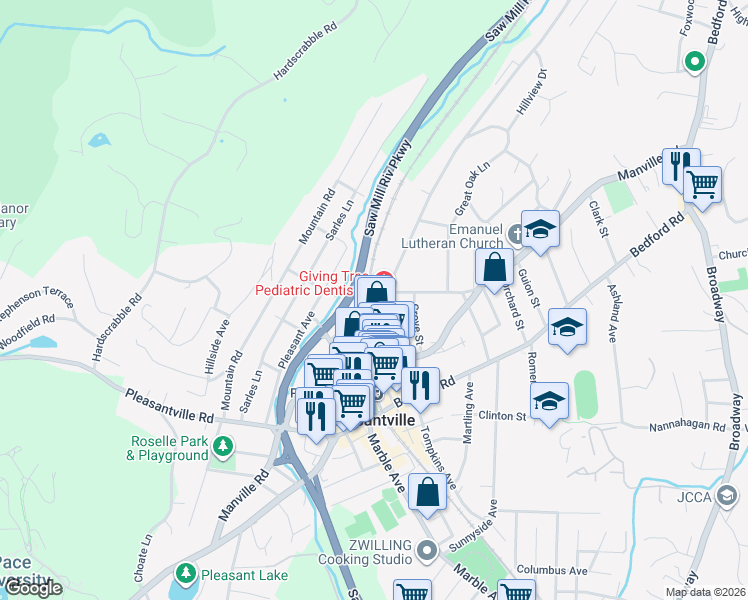 map of restaurants, bars, coffee shops, grocery stores, and more near 106 Washington Avenue in Pleasantville