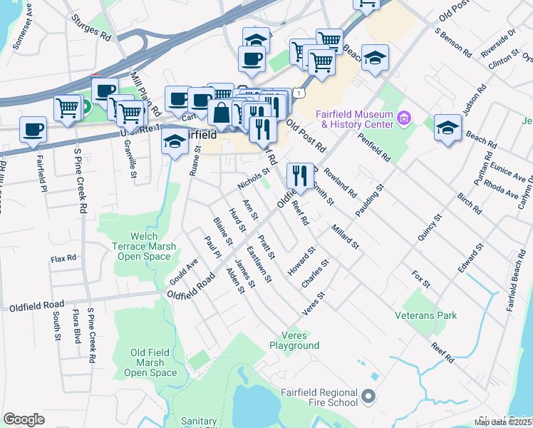 map of restaurants, bars, coffee shops, grocery stores, and more near 258 Oldfield Road in Fairfield