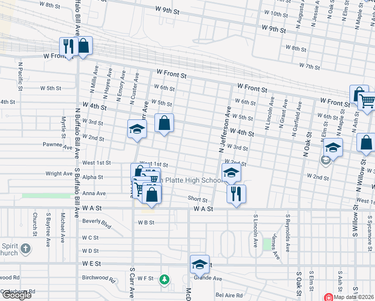 map of restaurants, bars, coffee shops, grocery stores, and more near 1609 West 2nd Street in North Platte