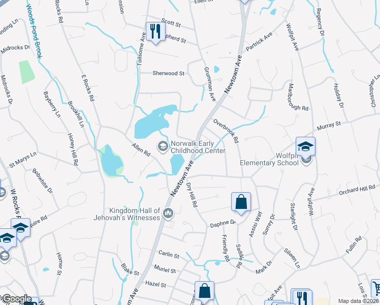 map of restaurants, bars, coffee shops, grocery stores, and more near 197 Newtown Avenue in Norwalk
