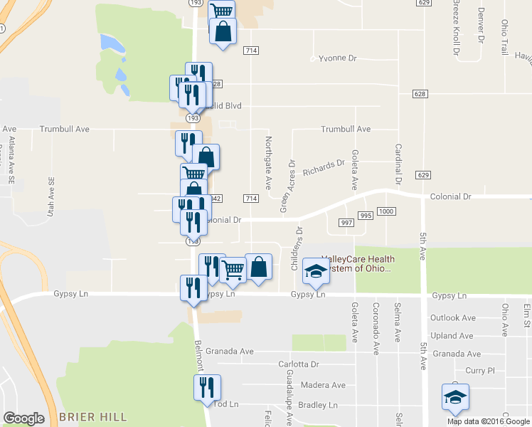 map of restaurants, bars, coffee shops, grocery stores, and more near 214 Colonial Drive in Youngstown