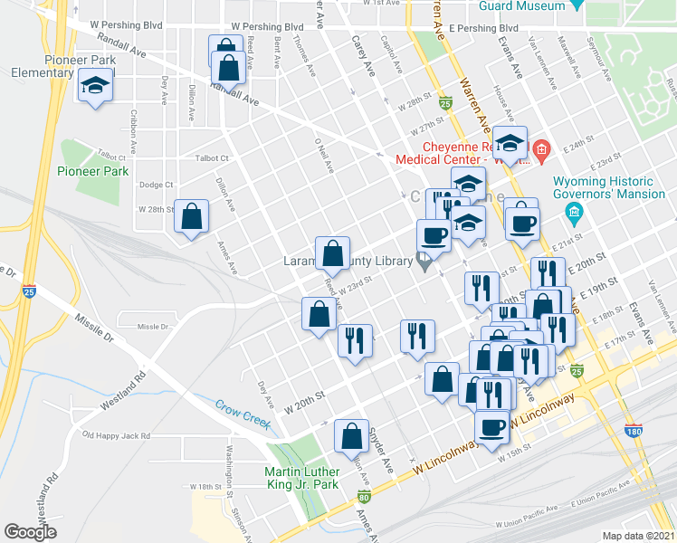 map of restaurants, bars, coffee shops, grocery stores, and more near 713 West 24th Street in Cheyenne