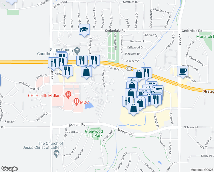 map of restaurants, bars, coffee shops, grocery stores, and more near 1431 Grandview Avenue in Papillion