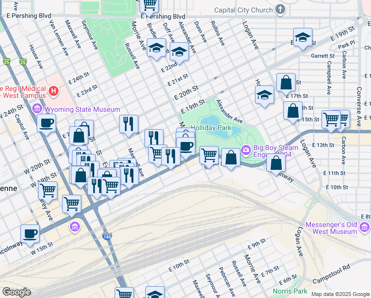 map of restaurants, bars, coffee shops, grocery stores, and more near 921 East 17th Street in Cheyenne