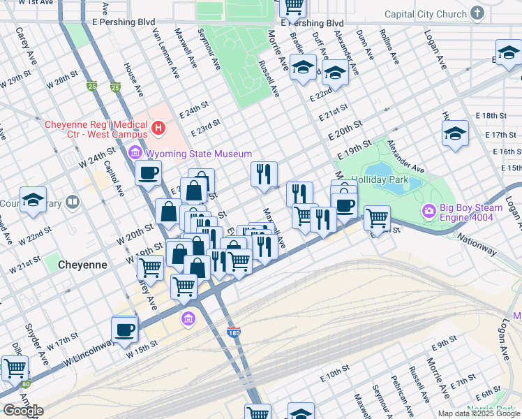map of restaurants, bars, coffee shops, grocery stores, and more near 608 East 18th Street in Cheyenne