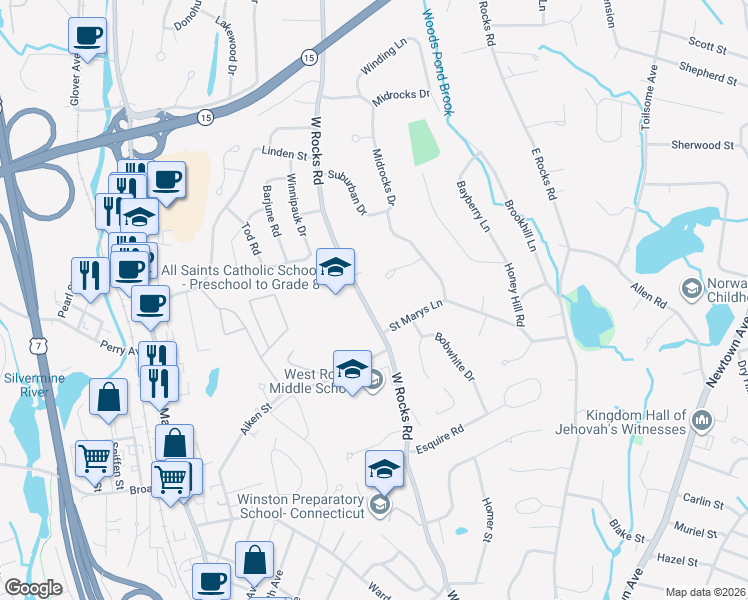 map of restaurants, bars, coffee shops, grocery stores, and more near in Norwalk