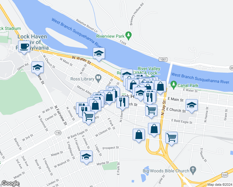 map of restaurants, bars, coffee shops, grocery stores, and more near 137 1st Street in Lock Haven