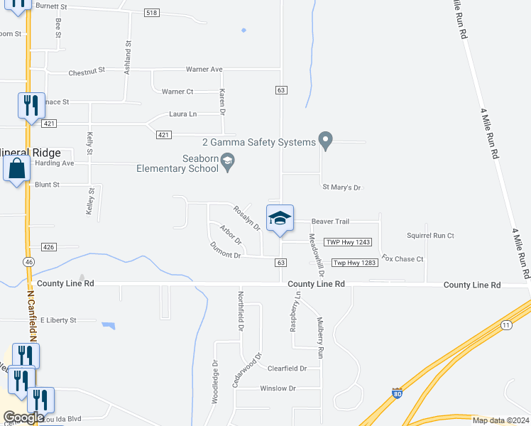 map of restaurants, bars, coffee shops, grocery stores, and more near 3872 Niles Carver Road in Mineral Ridge