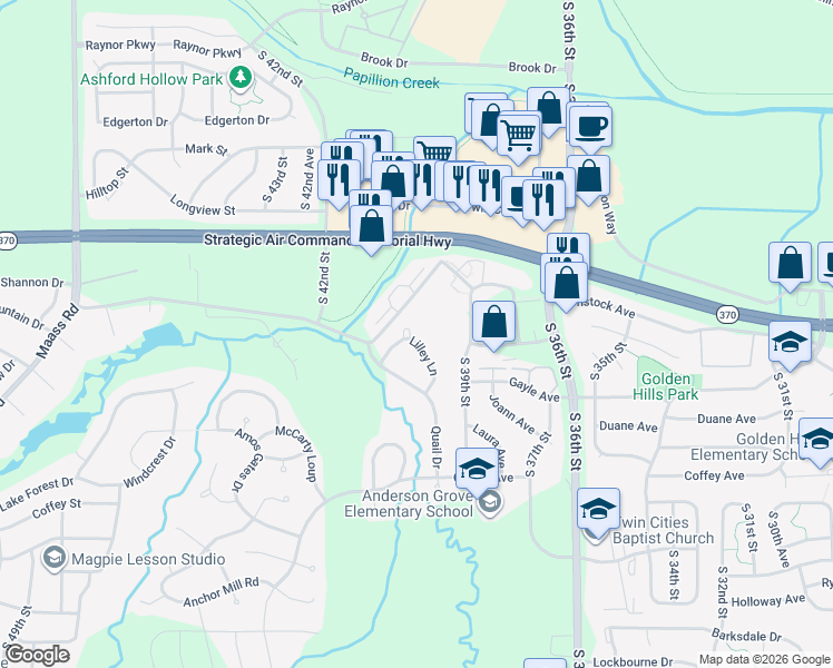 map of restaurants, bars, coffee shops, grocery stores, and more near 11601 Susie Circle in Bellevue