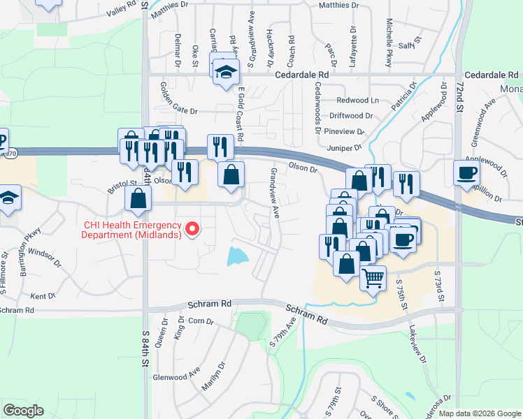 map of restaurants, bars, coffee shops, grocery stores, and more near 621 Fenwick Drive in Papillion