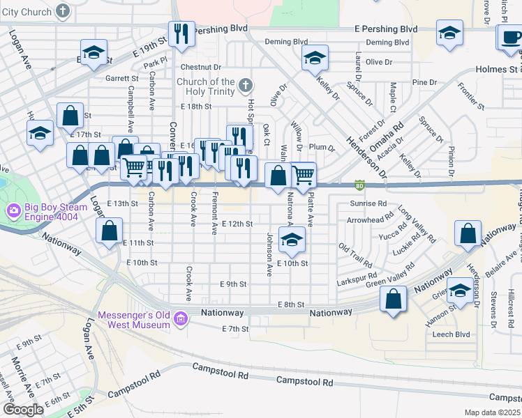 map of restaurants, bars, coffee shops, grocery stores, and more near 2701-2799 E 13th St in Cheyenne