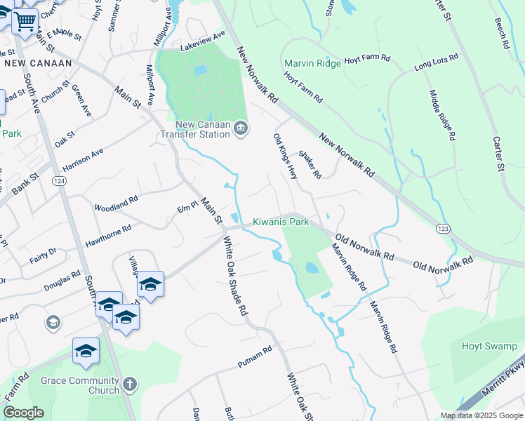 map of restaurants, bars, coffee shops, grocery stores, and more near 56 Old Norwalk Road in New Canaan