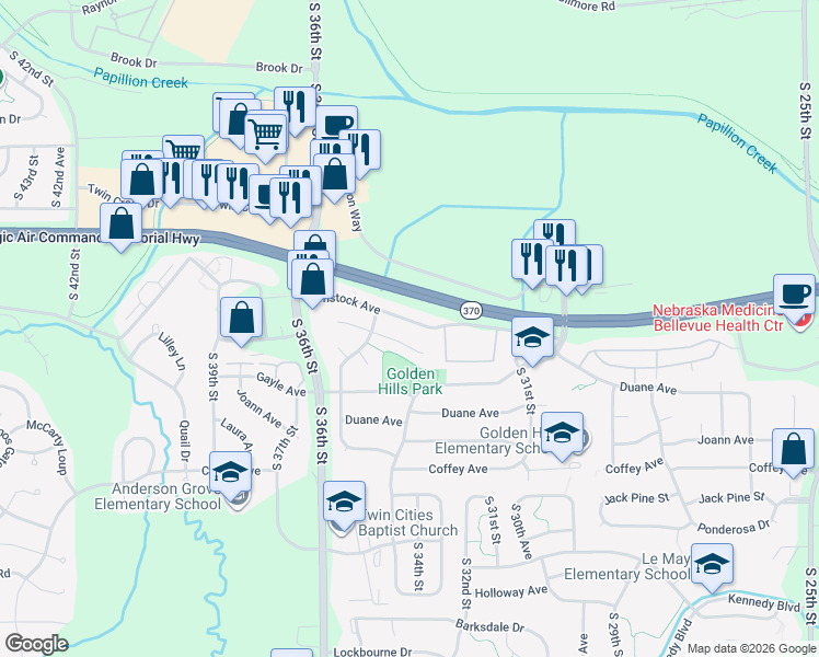 map of restaurants, bars, coffee shops, grocery stores, and more near 3312 Comstock Avenue in Bellevue