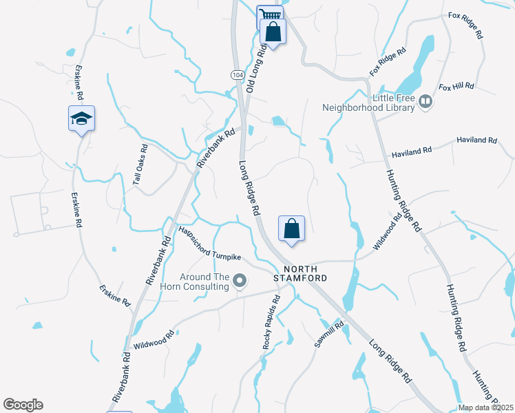 map of restaurants, bars, coffee shops, grocery stores, and more near 2195 Long Ridge Road in Stamford