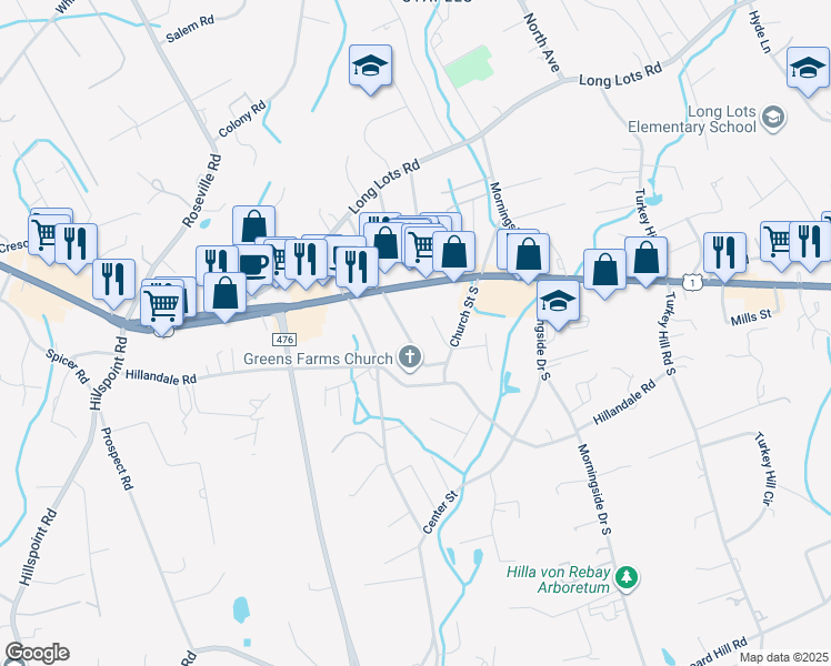 map of restaurants, bars, coffee shops, grocery stores, and more near 15 Colonial Road in Westport