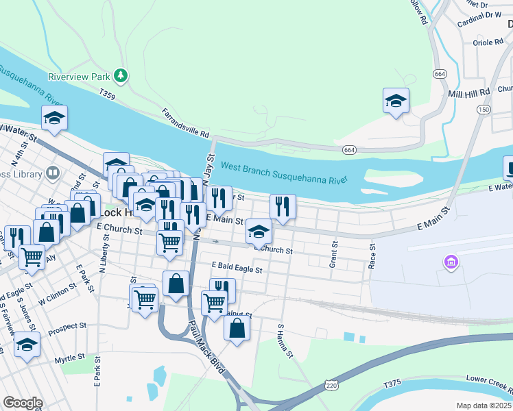 map of restaurants, bars, coffee shops, grocery stores, and more near 402 East Water Street in Lock Haven