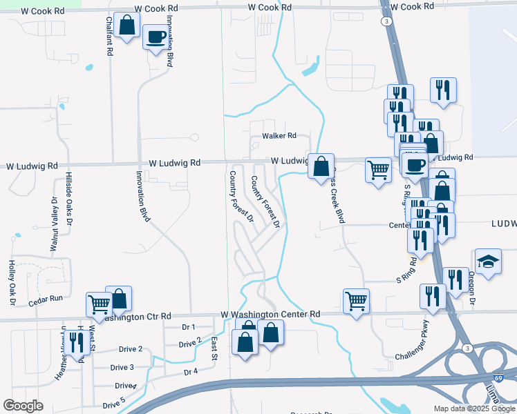 map of restaurants, bars, coffee shops, grocery stores, and more near 175 Country Forest Drive in Fort Wayne