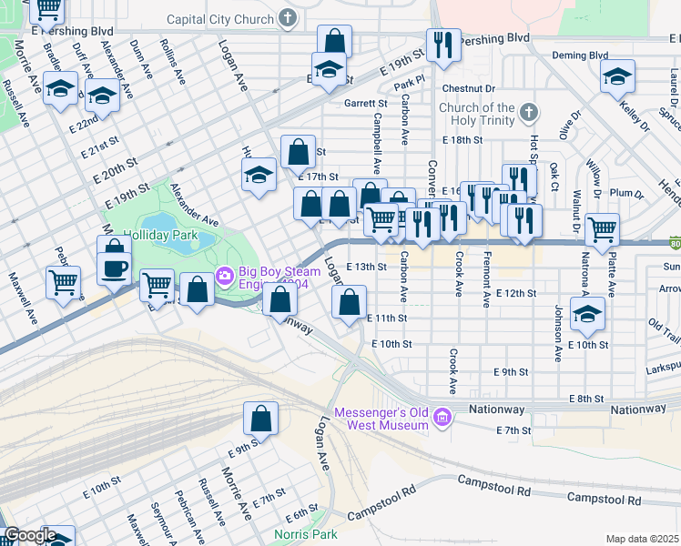 map of restaurants, bars, coffee shops, grocery stores, and more near 1223 Logan Avenue in Cheyenne