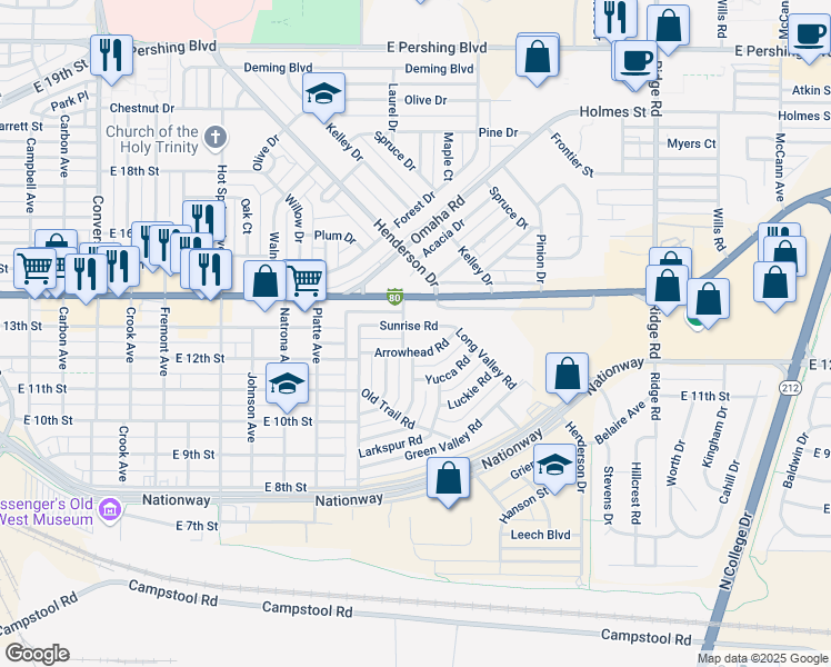 map of restaurants, bars, coffee shops, grocery stores, and more near 3407 Sunrise Road in Cheyenne