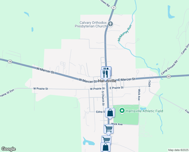 map of restaurants, bars, coffee shops, grocery stores, and more near 227 West Henry Street in Harrisville