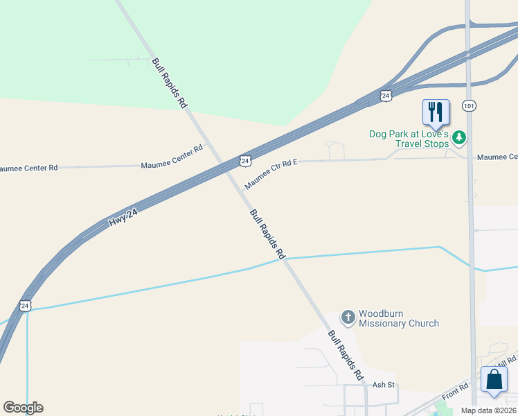 map of restaurants, bars, coffee shops, grocery stores, and more near 5616 Bull Rapids Road in Woodburn