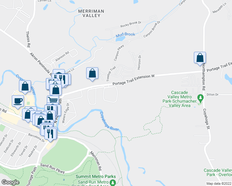 map of restaurants, bars, coffee shops, grocery stores, and more near 1793 East Waterford Court in Akron