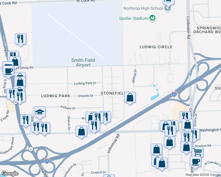 map of restaurants, bars, coffee shops, grocery stores, and more near 602 Bradfield Drive in Fort Wayne