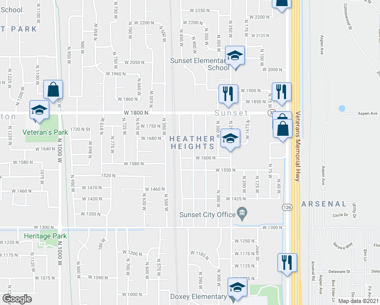 map of restaurants, bars, coffee shops, grocery stores, and more near 1623 North 400 West in Sunset