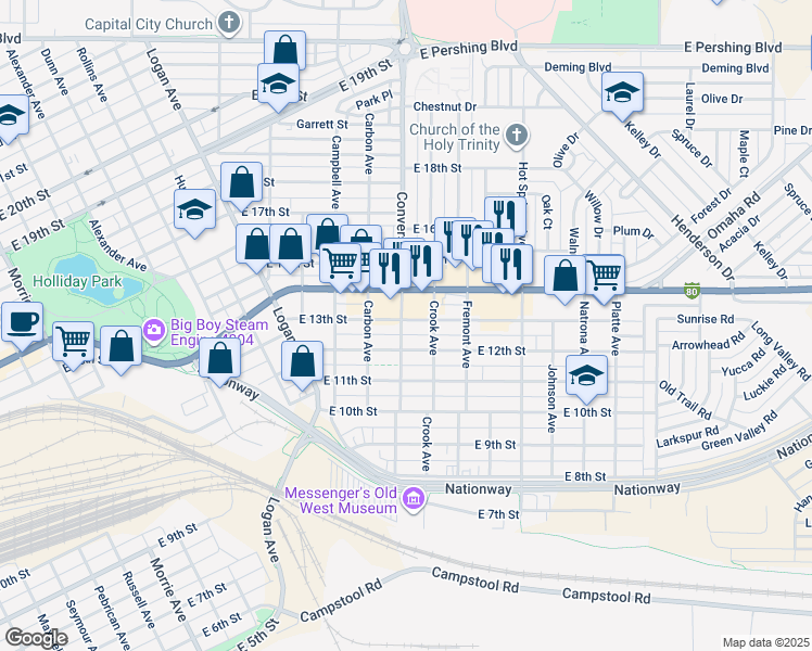 map of restaurants, bars, coffee shops, grocery stores, and more near 1221 Converse Avenue in Cheyenne