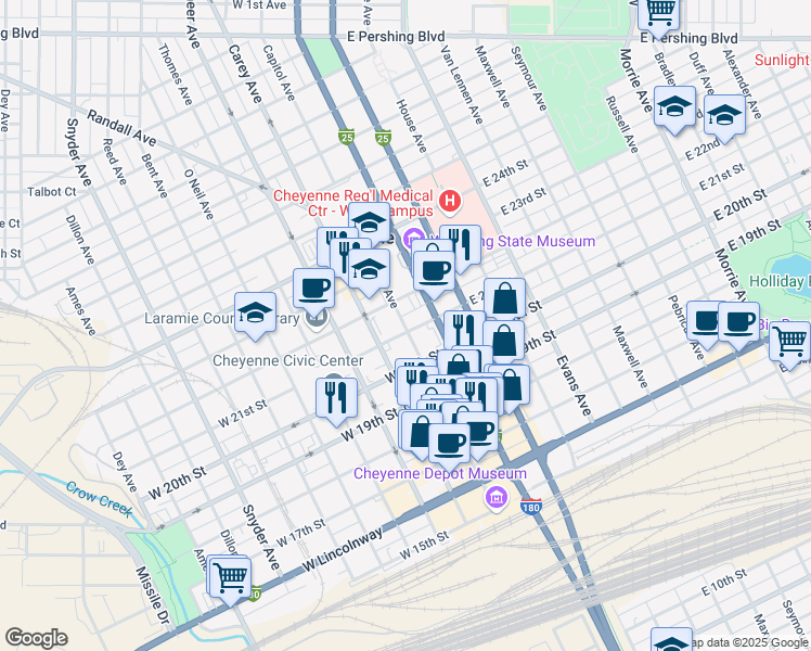map of restaurants, bars, coffee shops, grocery stores, and more near 2107 Capitol Avenue in Cheyenne