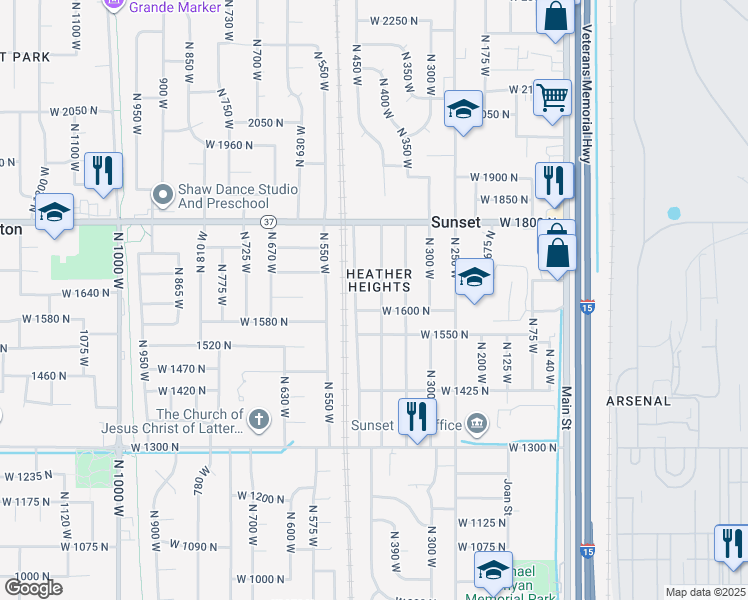 map of restaurants, bars, coffee shops, grocery stores, and more near 1623 North 400 West in Sunset