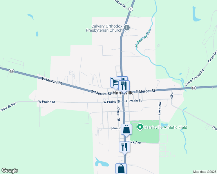map of restaurants, bars, coffee shops, grocery stores, and more near 227 West Henry Street in Harrisville