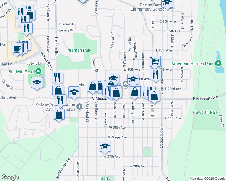 map of restaurants, bars, coffee shops, grocery stores, and more near 2202 Madison Street in Bellevue