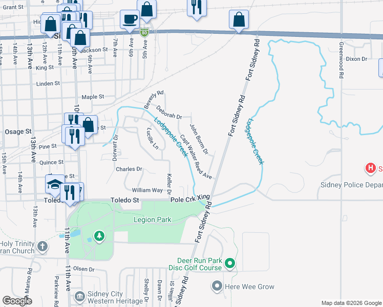 map of restaurants, bars, coffee shops, grocery stores, and more near 1700 Capt Walter Reed Avenue in Sidney